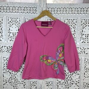 Vtg Y2K Michael Simon Pink Butterfly Sweater Sz M/L Beaded Sequin Fairy V Neck